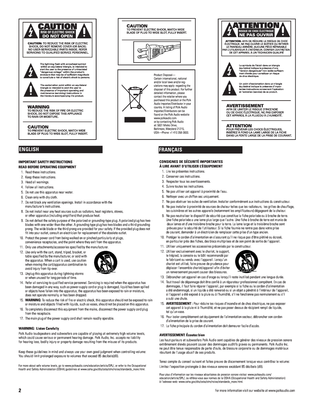 Polk Audio AM7775-B, AM9975-C4 Français, English, Important Safety Instructions, Read Before Operating Equipment 