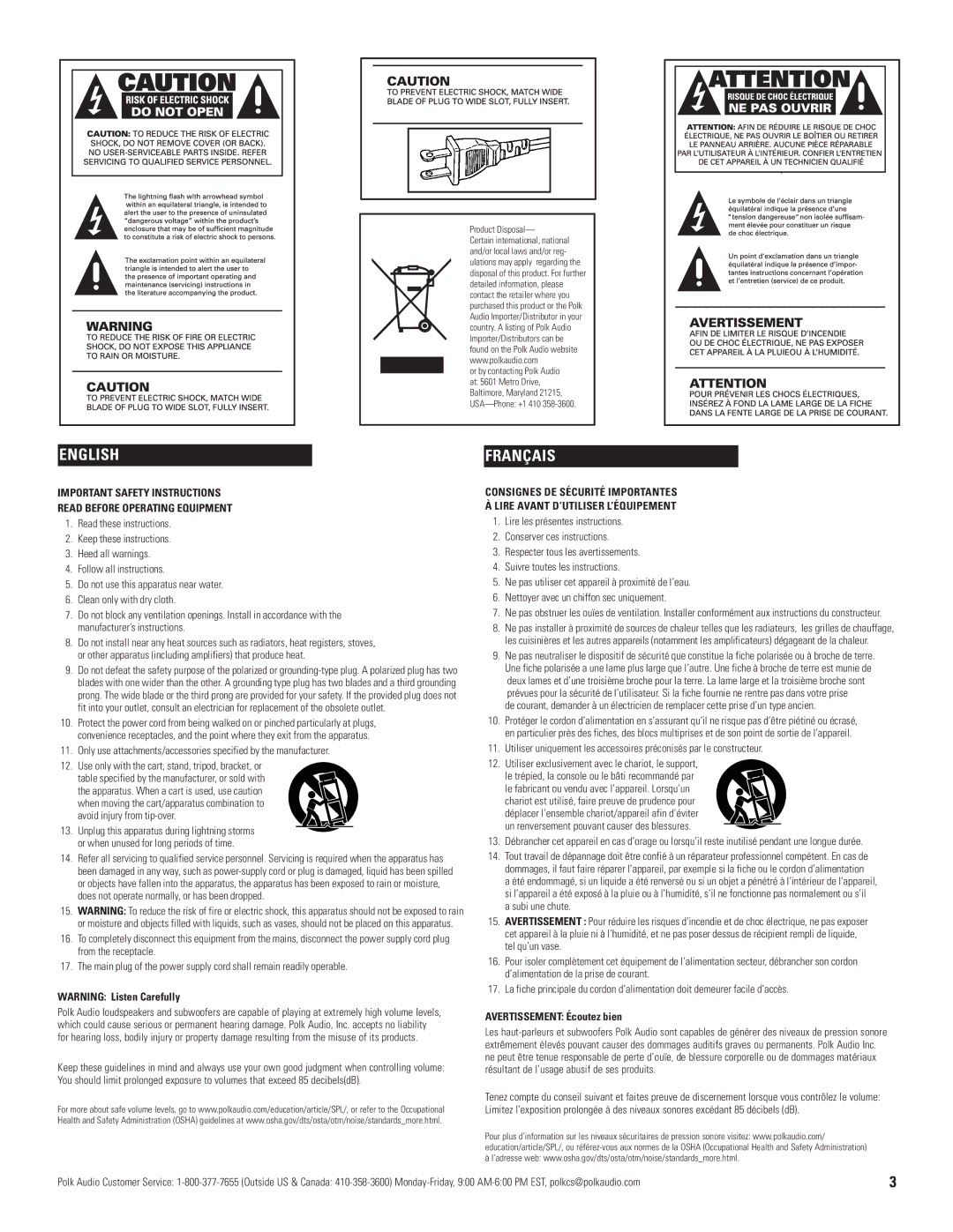 Polk Audio AM9975-C4 owner manual Français, Avertissement Écoutez bien 