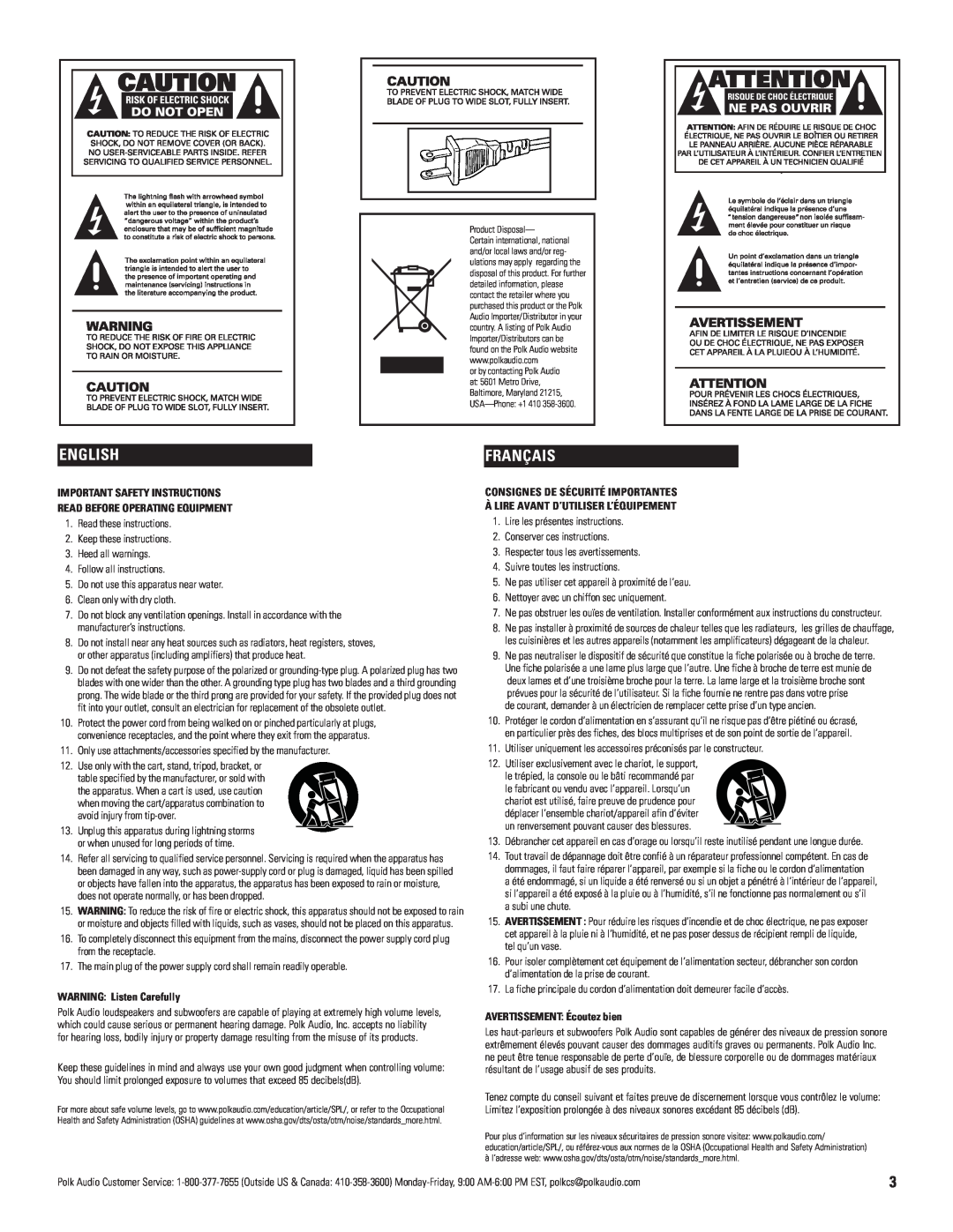 Polk Audio AM9975-C4 owner manual Français, English, Important Safety Instructions, Read Before Operating Equipment 