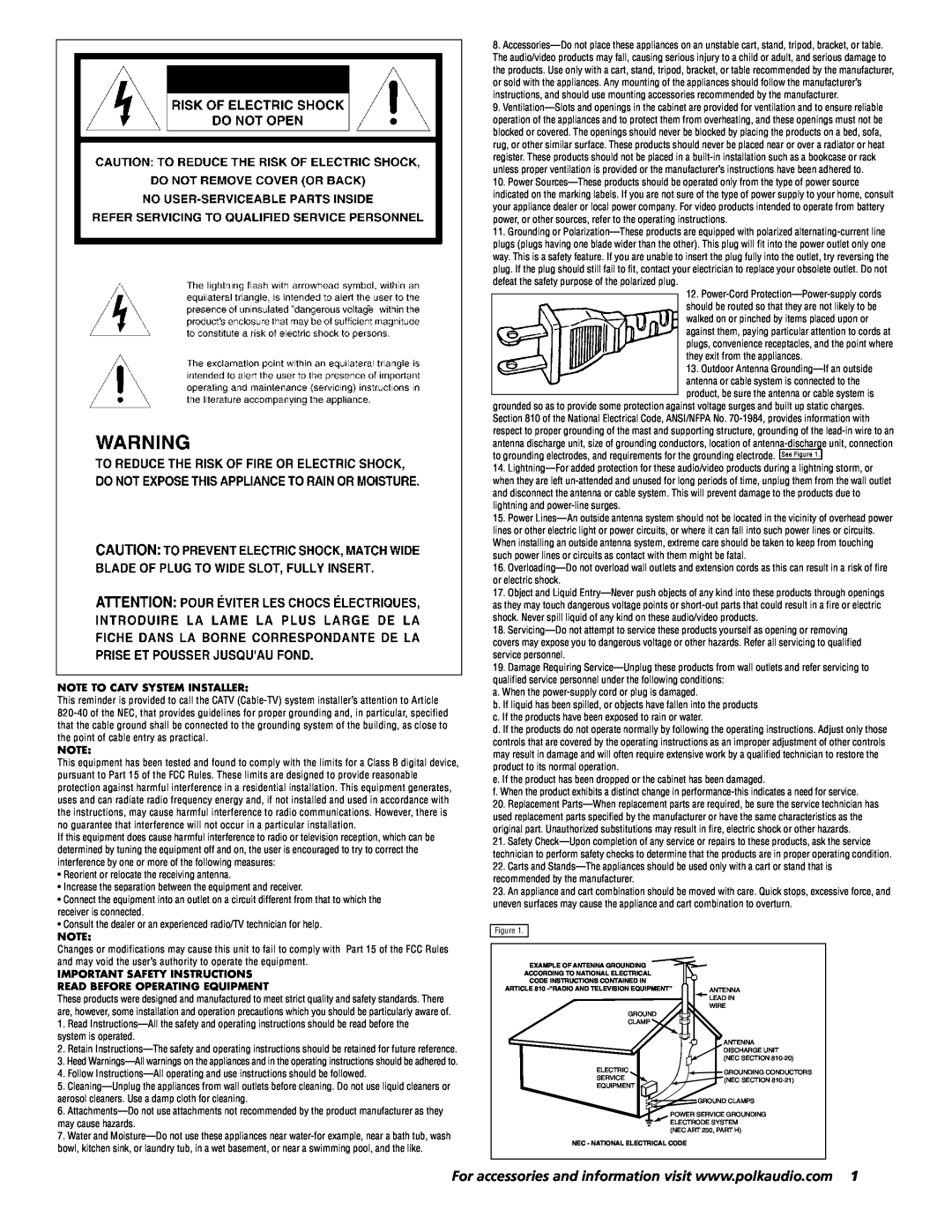 Polk Audio AMR 130 Note To Catv System Installer, Important Safety Instructions, Read Before Operating Equipment 