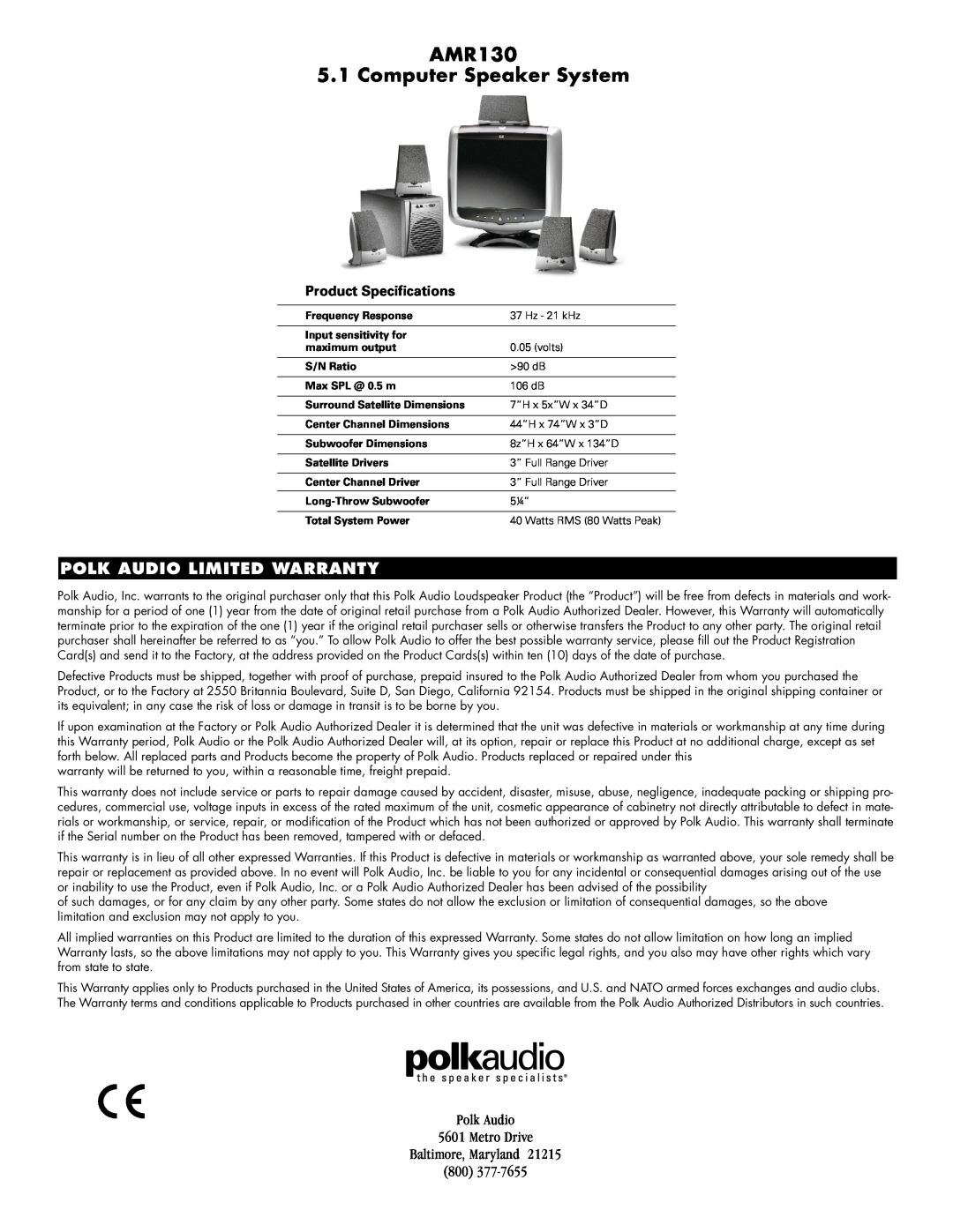 Polk Audio AMR 130 owner manual Product Specifications, AMR130 5.1 Computer Speaker System, Polk Audio Limited Warranty 