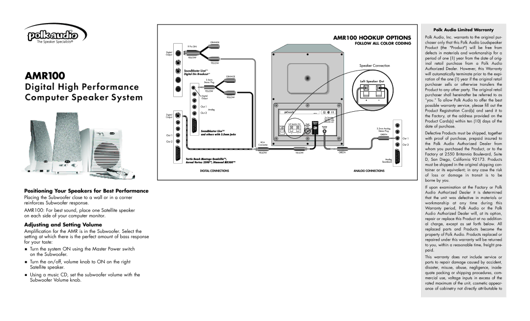 Polk Audio AMR100 warranty Digital High Performance Computer Speaker System, Adjusting and Setting Volume 