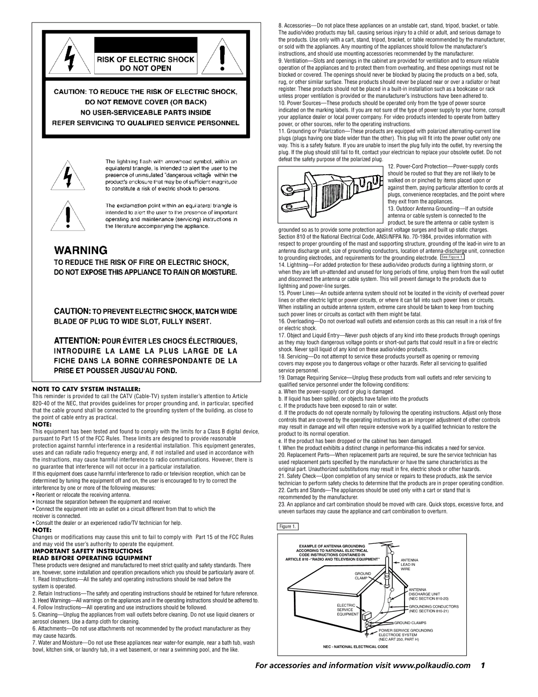 Polk Audio AMR130 owner manual Outdoor Antenna Grounding-If an outside 