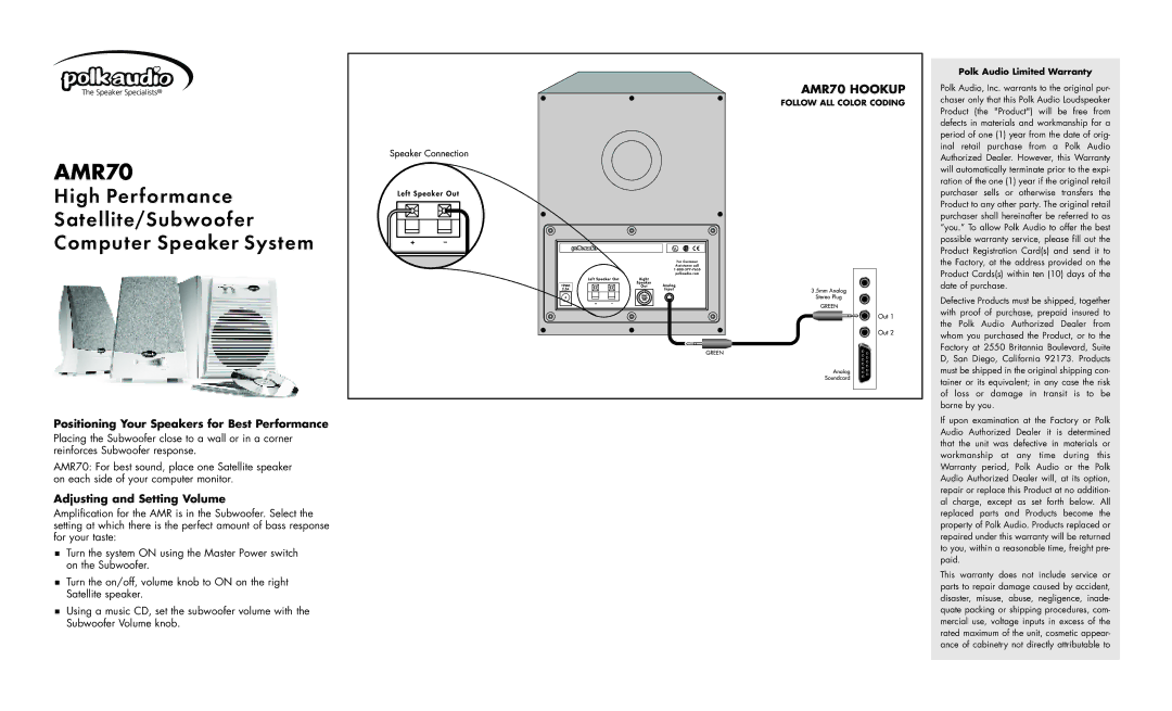 Polk Audio warranty Positioning Your Speakers for Best Performance, Adjusting and Setting Volume, AMR70 Hookup 