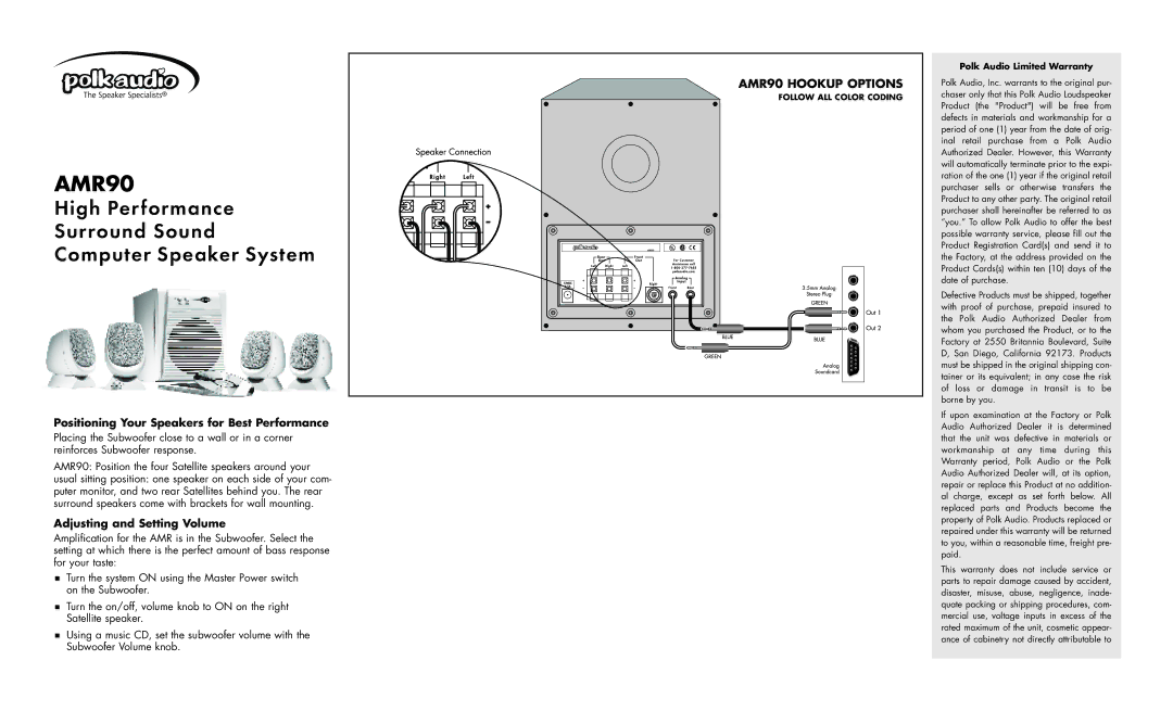 Polk Audio AMR90 warranty High Performance Surround Sound Computer Speaker System, Adjusting and Setting Volume 