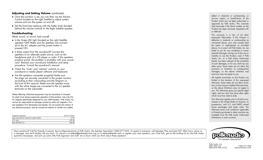 Polk Audio AMR90 warranty Troubleshooting 