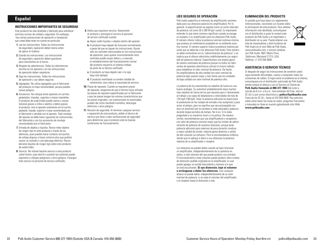 Polk Audio 8SDI, ATRIUM5, ATRIUM6, 7 manual Líes Seguros DE Operación, Eliminación DEL Producto, Asistencia O Servicio Técnico 