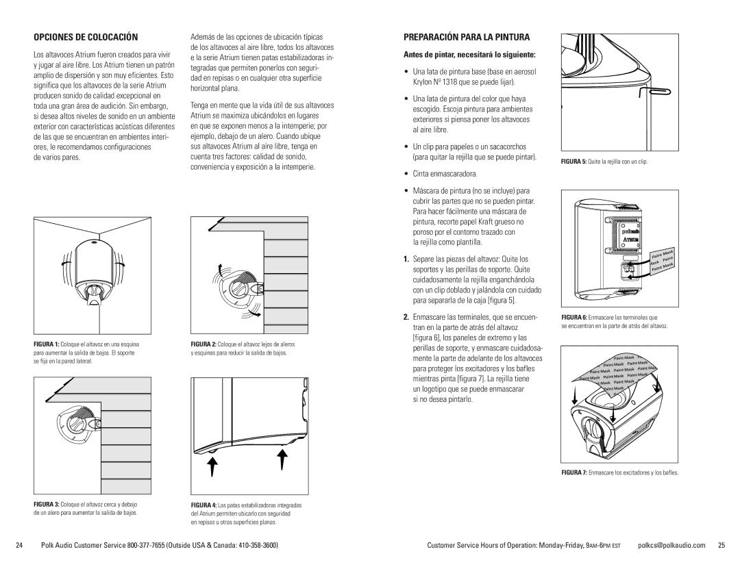 Polk Audio 7, ATRIUM5, 8SDI Opciones DE Colocación, Preparación Para LA Pintura, Antes de pintar, necesitará lo siguiente 