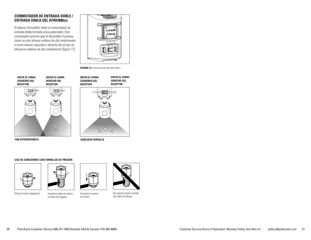 Polk Audio ATRIUM6, ATRIUM5, 7, ATRIUM 4 manual Conmutador DE Entrada Doble Entrada Única DEL ATRIUM8SDI, Hacia EL Canal 