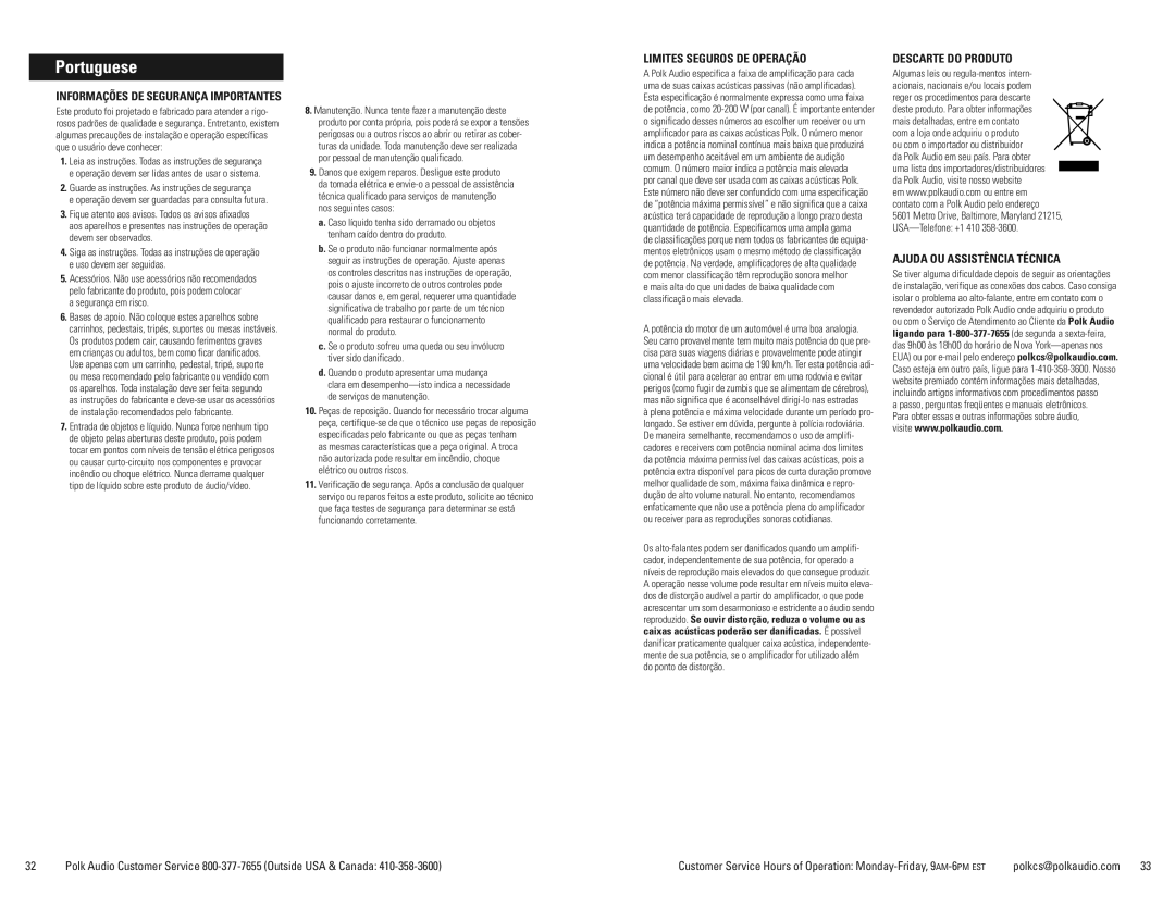 Polk Audio 8SDI, ATRIUM5, ATRIUM6, 7, ATRIUM 4 Limites Seguros DE Operação, Descarte do Produto, Ajuda OU Assistência Técnica 