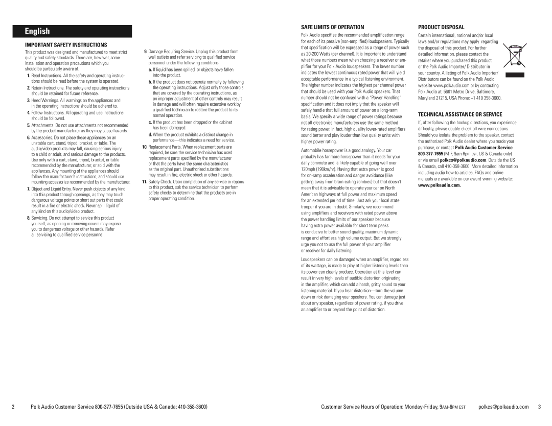 Polk Audio 8SDI Important Safety Instructions, Safe Limits of Operation, Product Disposal, Technical Assistance or Service 