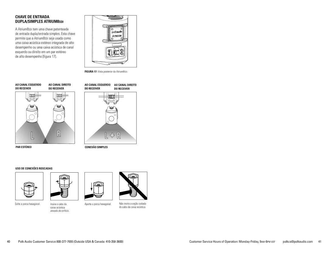 Polk Audio ATRIUM6, ATRIUM5, 7, ATRIUM 4 manual Chave DE Entrada DUPLA/SIMPLES ATRIUM8SDI, Atrium8SDI tem uma chave patenteada 
