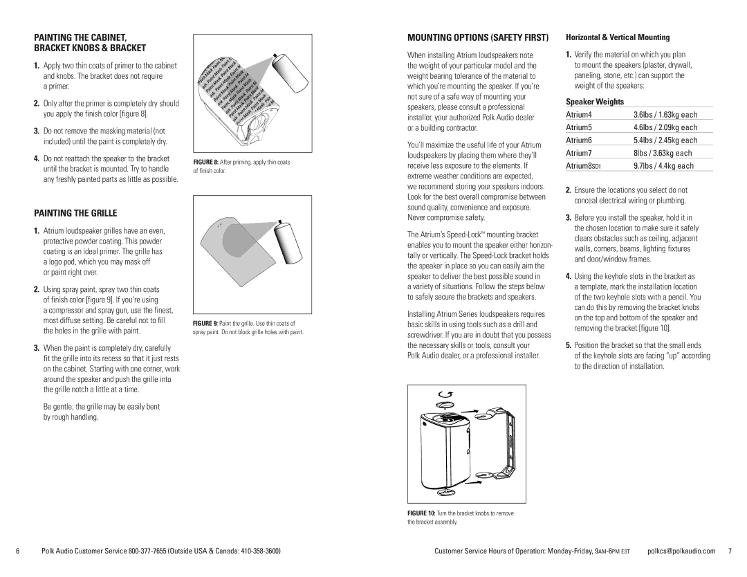 Polk Audio ATRIUM 4, 7 Painting the Grille, Mounting Options Safety First, Horizontal & Vertical Mounting, Speaker Weights 