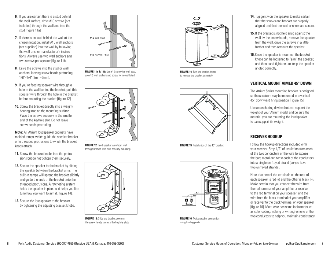 Polk Audio ATRIUM5, ATRIUM6, 8SDI, 7 Vertical Mount Aimed 45 Down, Receiver Hookup, Secure the loudspeaker to the bracket 