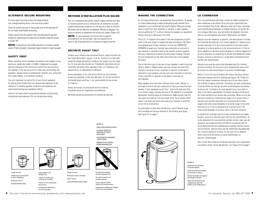 Polk Audio ATRIUM60 owner manual Safety First, Sécurité Avant Tout 