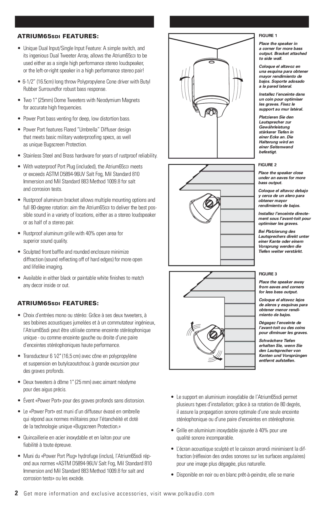 Polk Audio owner manual ATRIUM65SDI Features, Power Port bass venting for deep, low distortion bass 