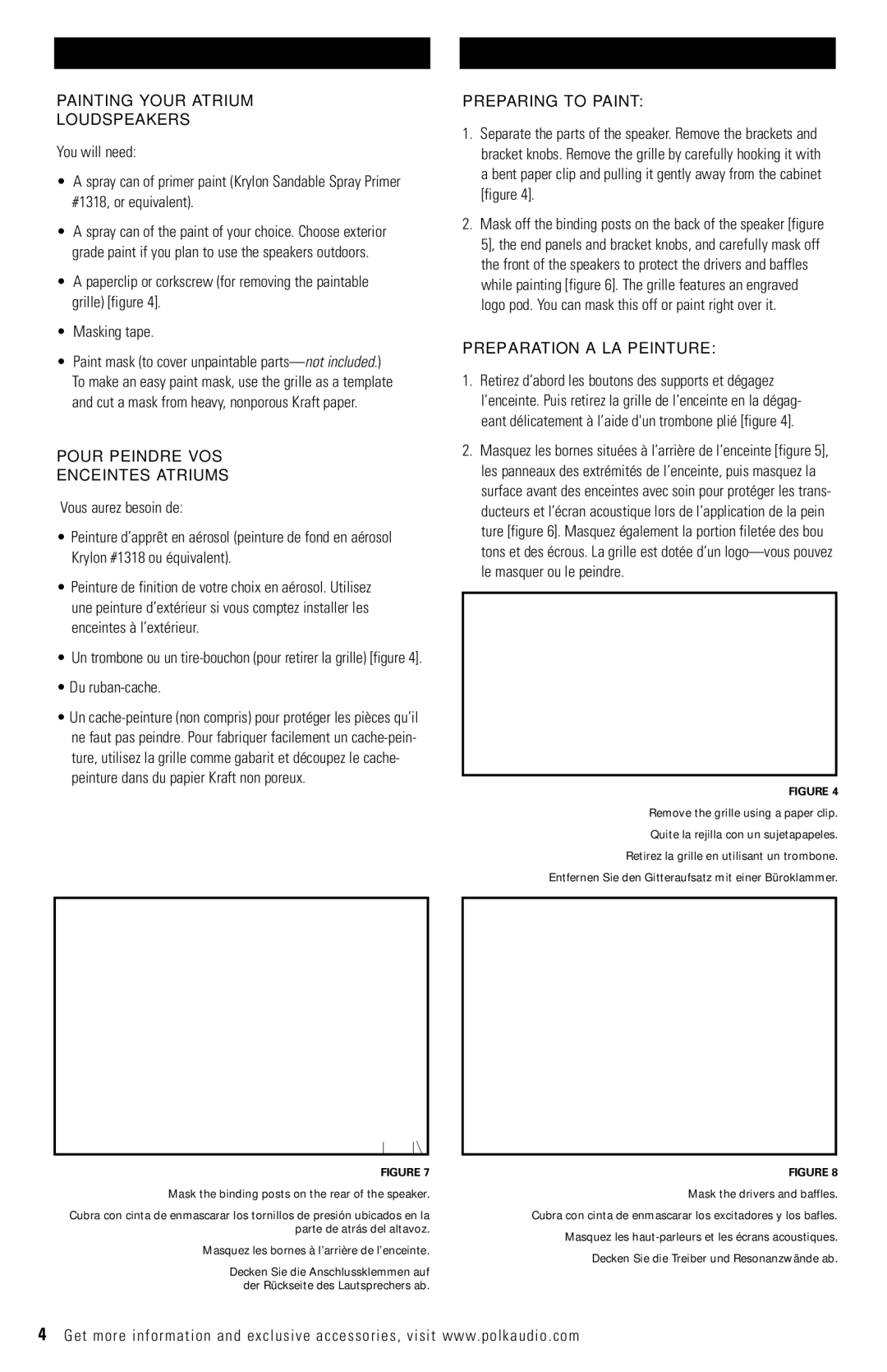 Polk Audio ATRIUM65SDI owner manual Painting Your Atrium Loudspeakers, Pour Peindre VOS Enceintes Atriums, Du ruban-cache 