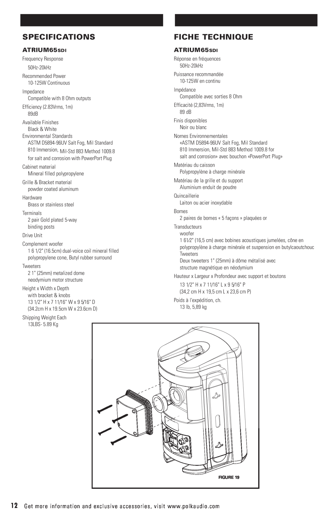 Polk Audio ATRIUM65SDI owner manual Specifications, Fiche Technique 