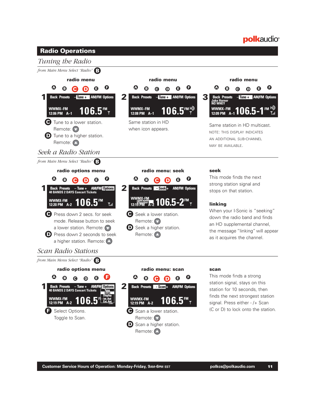 Polk Audio BM1125-A manual Radio options menu Radio menu seek, Seek, Linking, Radio menu scan, Scan 