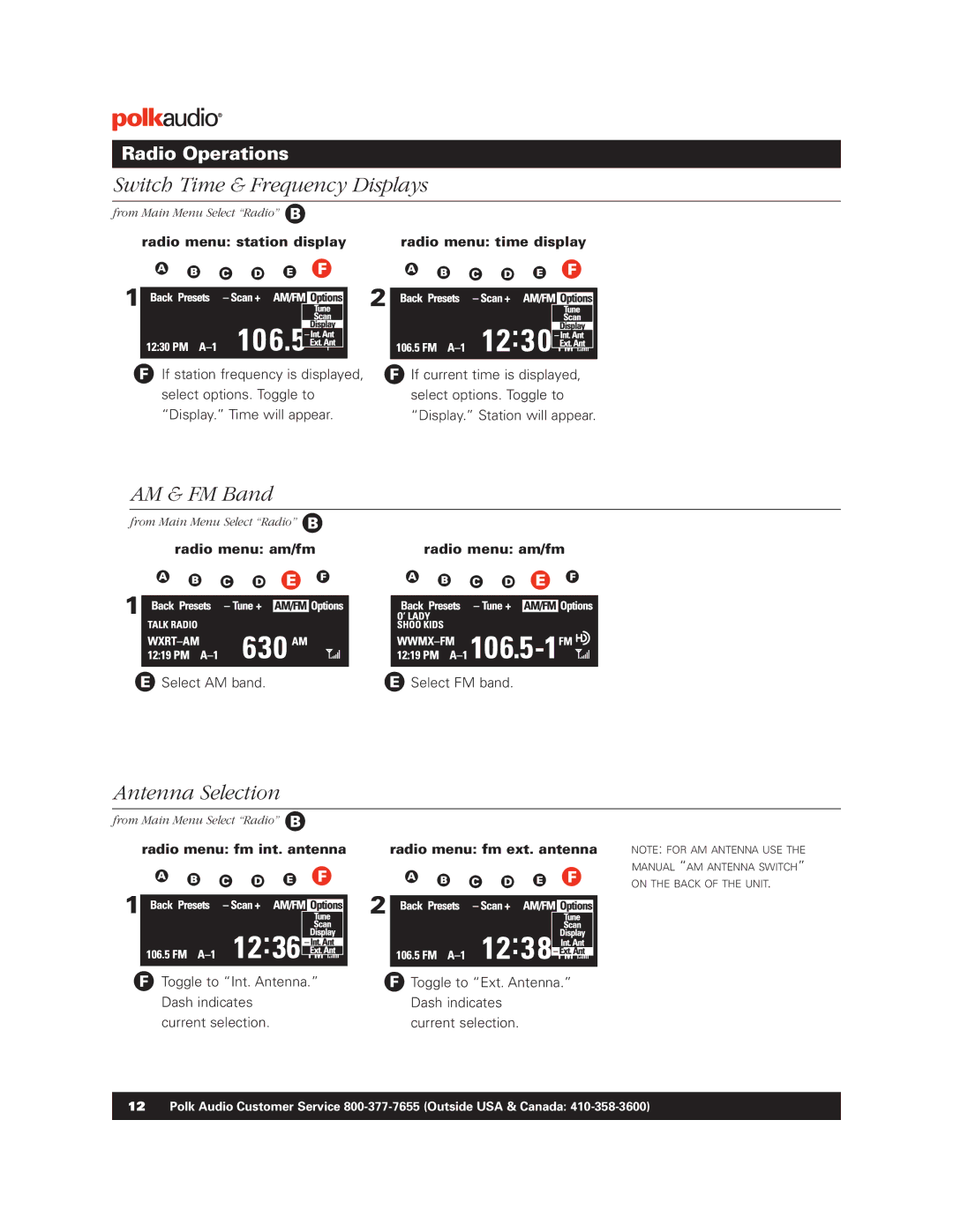 Polk Audio BM1125-A Radio menu station display Radio menu time display, Radio menu am/fm, Select AM band Select FM band 