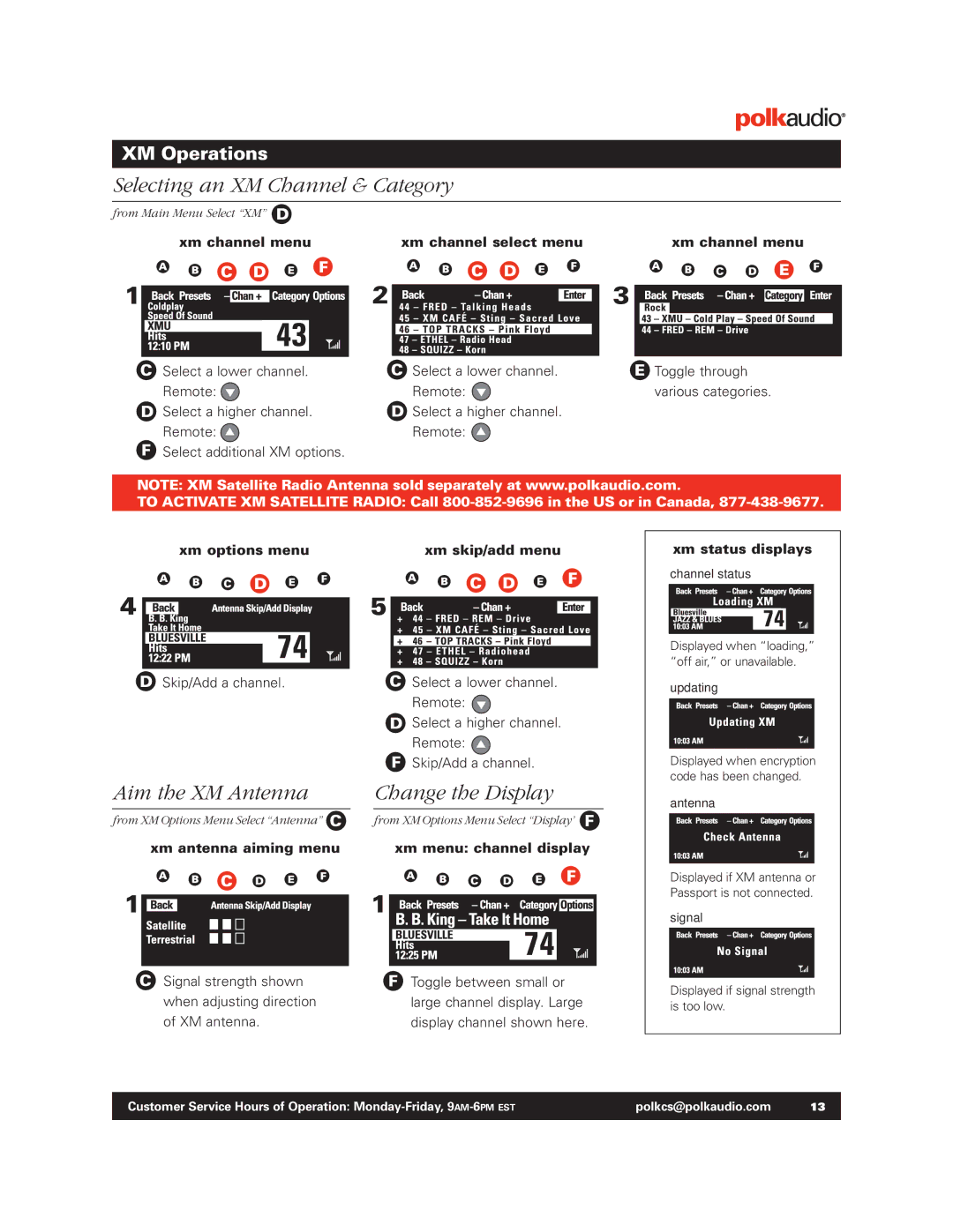 Polk Audio BM1125-A Aim the XM Antenna Change the Display, Xm channel menu Xm channel select menu, Xm status displays 