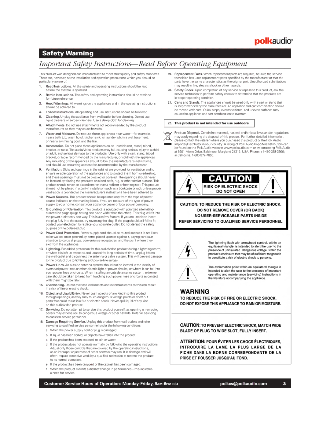 Polk Audio BM1125-A manual Safety Warning 