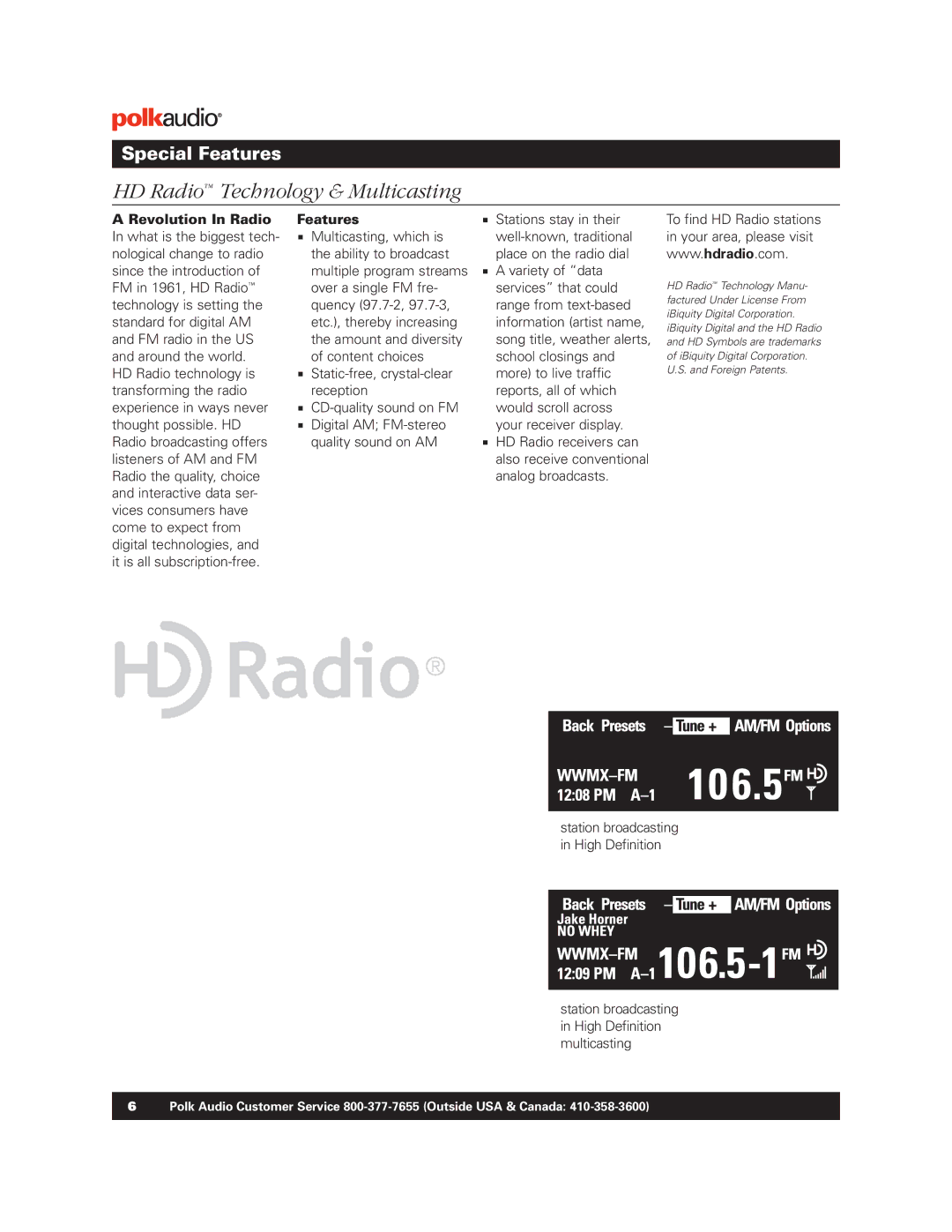 Polk Audio BM1125-A manual HD Radio Technology & Multicasting, Revolution In Radio, Features 