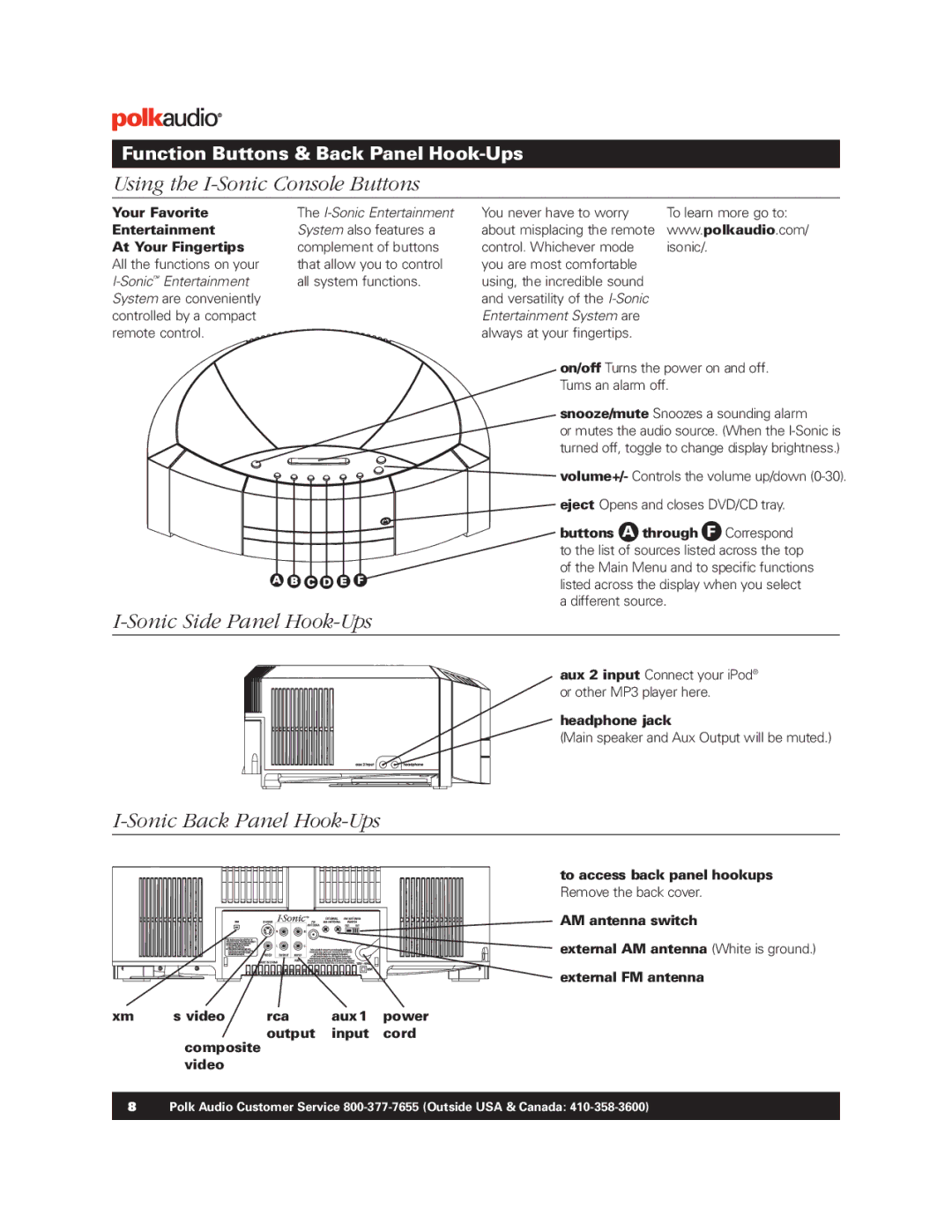 Polk Audio BM1125-A manual Using the I-Sonic Console Buttons, Sonic Side Panel Hook-Ups, Sonic Back Panel Hook-Ups 