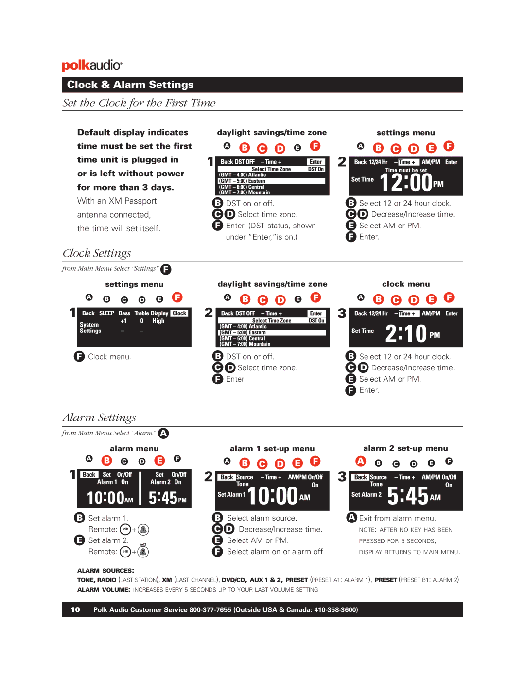 Polk Audio BM1125-A manual Set the Clock for the First Time, Daylight savings/time zone Settings menu 