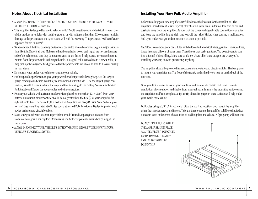 Polk Audio C300.2 Installing Your New Polk Audio Amplifier, Do not run wires under your vehicle or outside your vehicle 