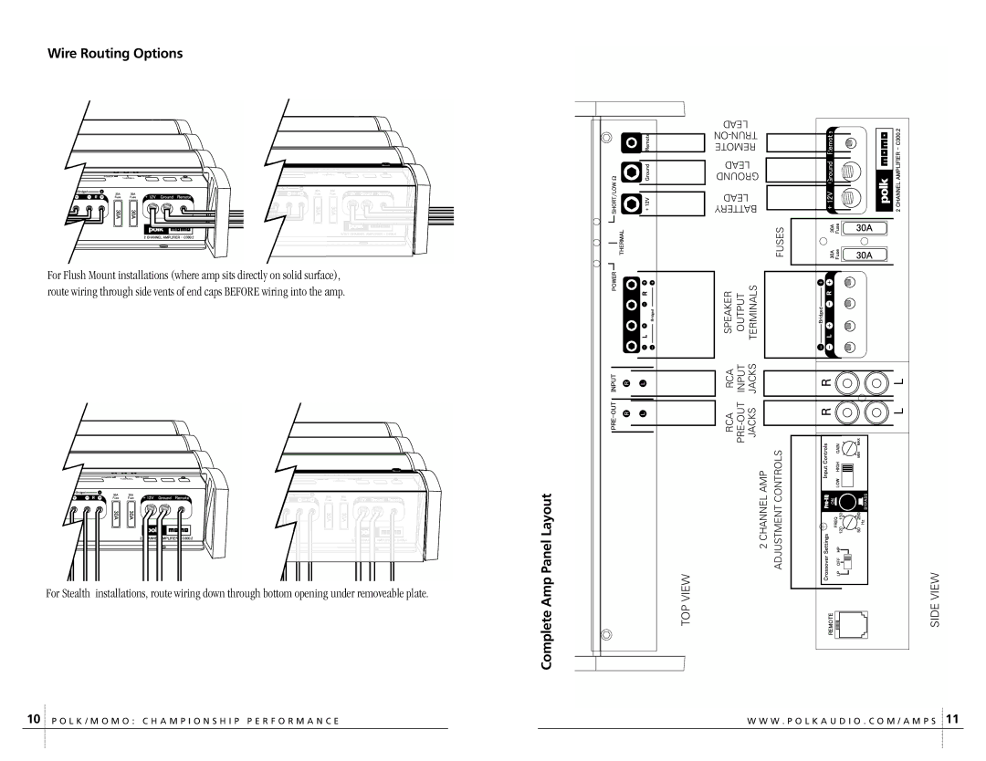 Polk Audio C300.2 owner manual Wire Routing Options, Complete Amp Panel Layout 