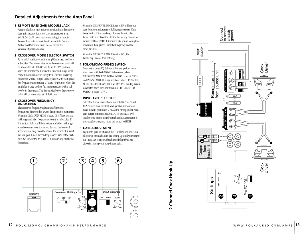 Polk Audio C300.2 owner manual Detailed Adjustments for the Amp Panel, Channel Coax Hook-Up Settings 