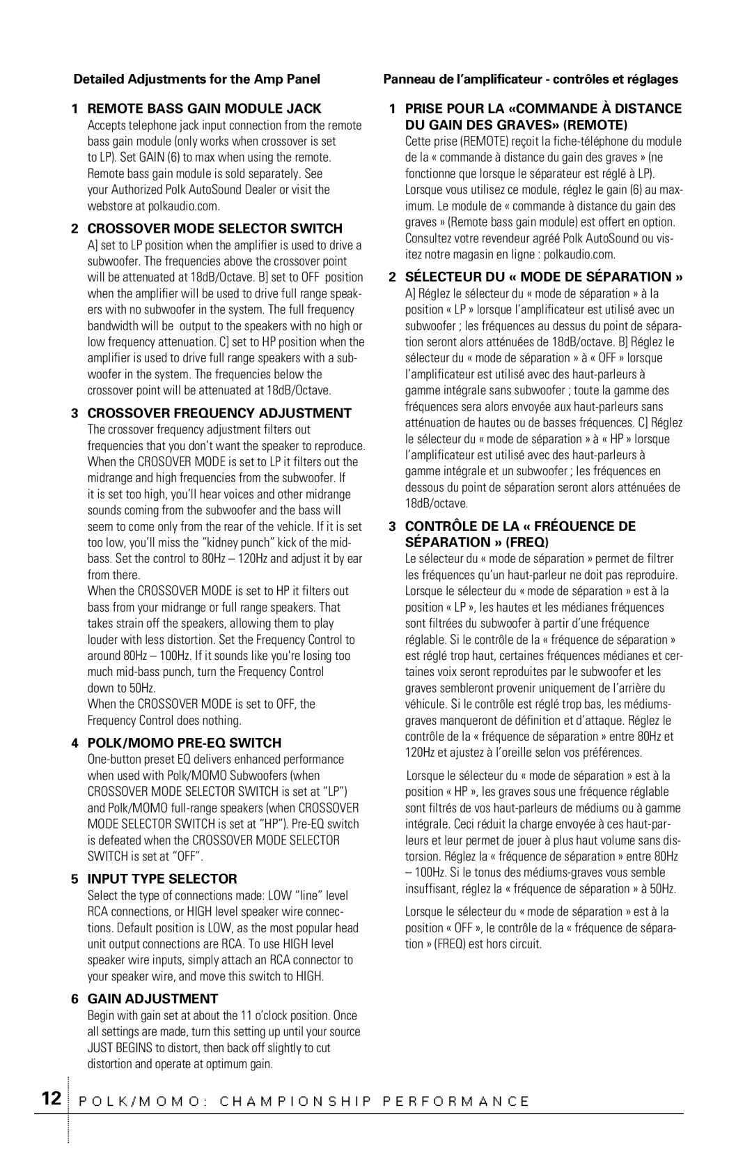 Polk Audio C300.2 owner manual Detailed Adjustments for the Amp Panel, Panneau de l’amplificateur contrôles et réglages 