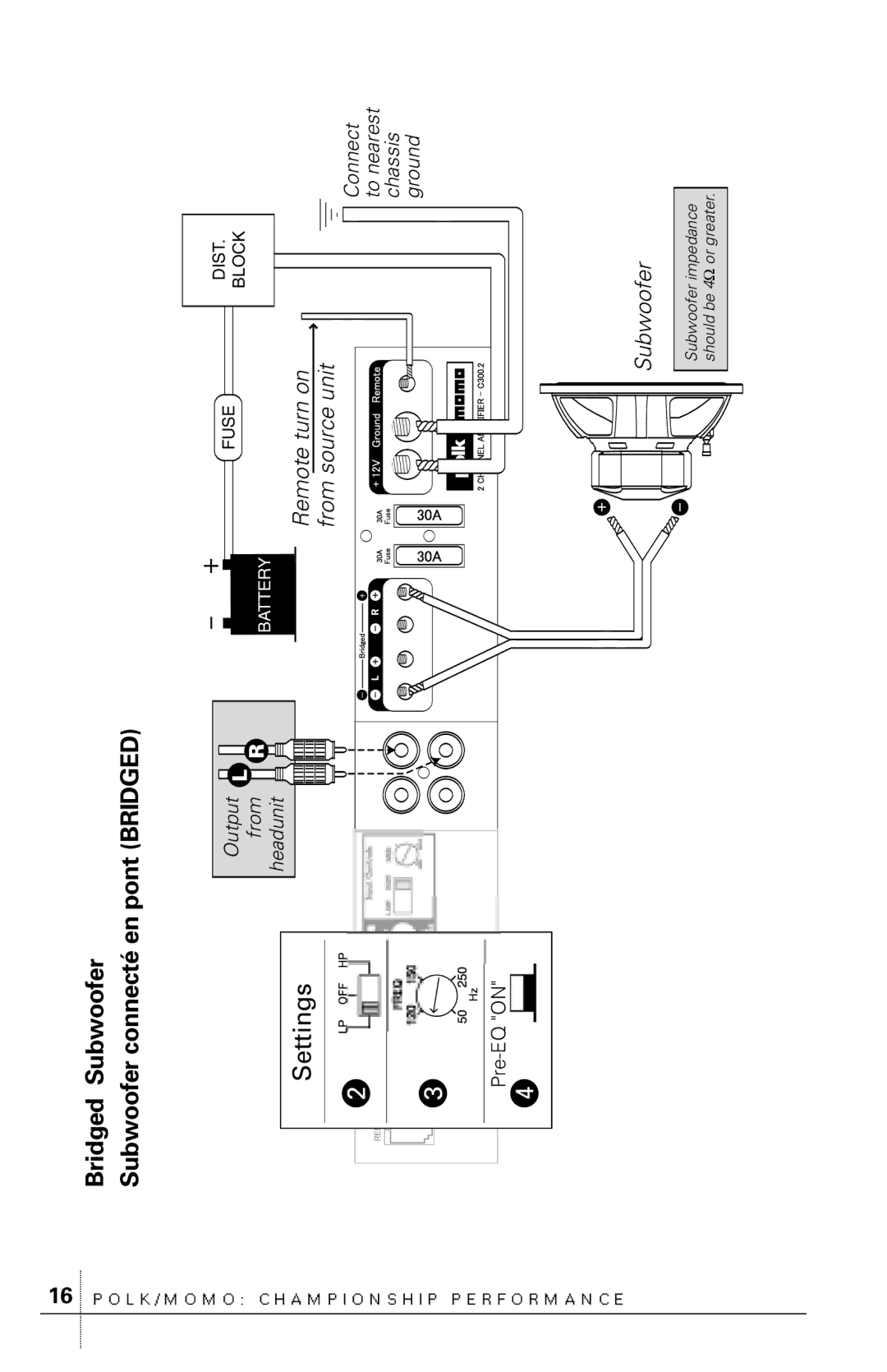 Polk Audio C300.2 owner manual Bridged Subwoofer Subwoofer connecté en pont Bridged 