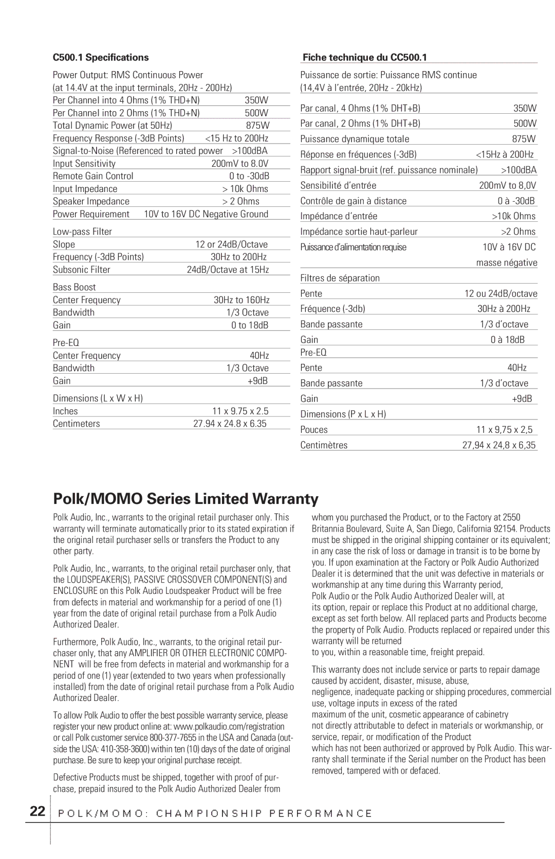 Polk Audio owner manual Polk/MOMO Series Limited Warranty, C500.1 Specifications, Fiche technique du CC500.1 