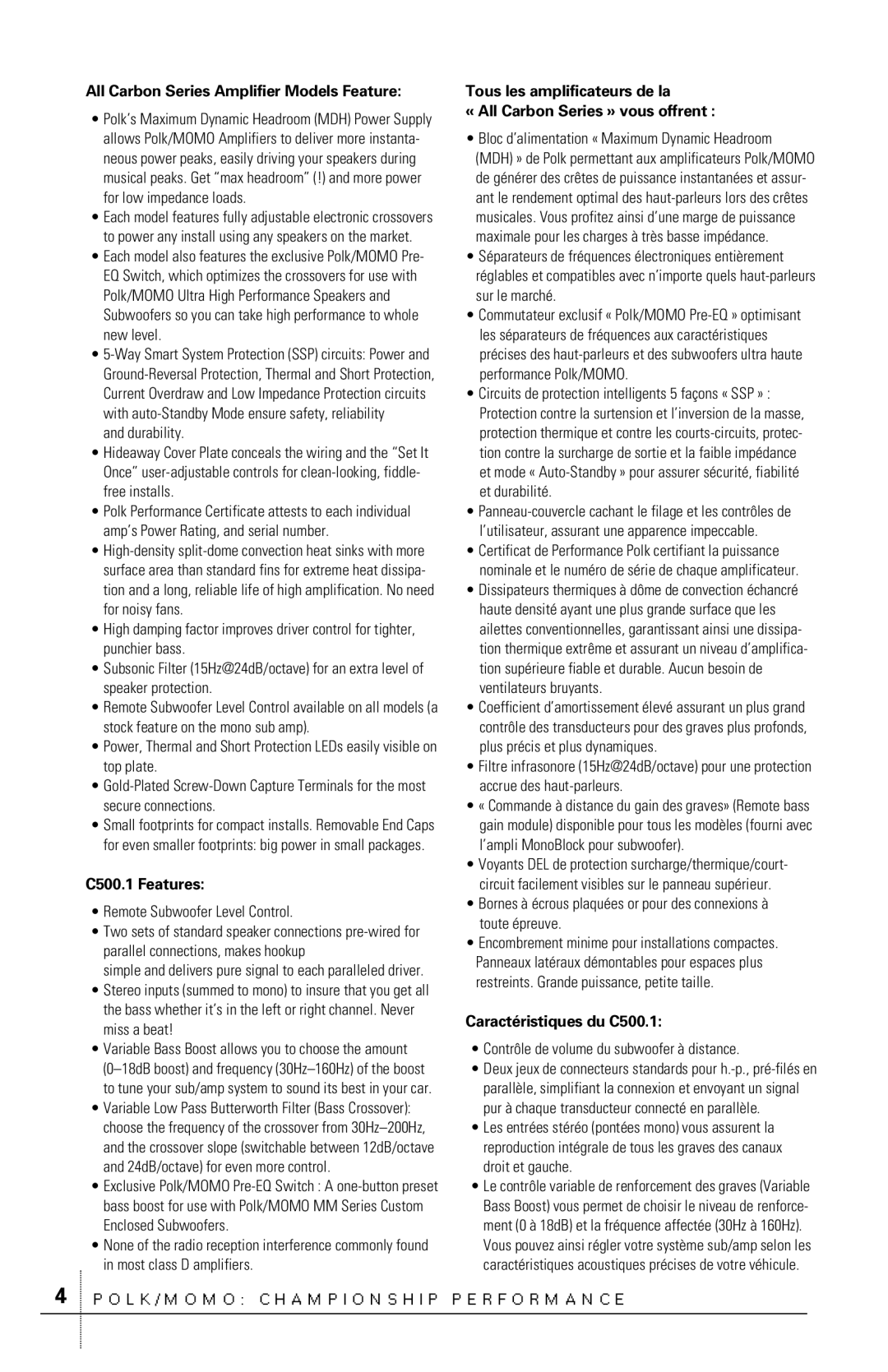 Polk Audio owner manual All Carbon Series Amplifier Models Feature, C500.1 Features, Caractéristiques du C500.1 