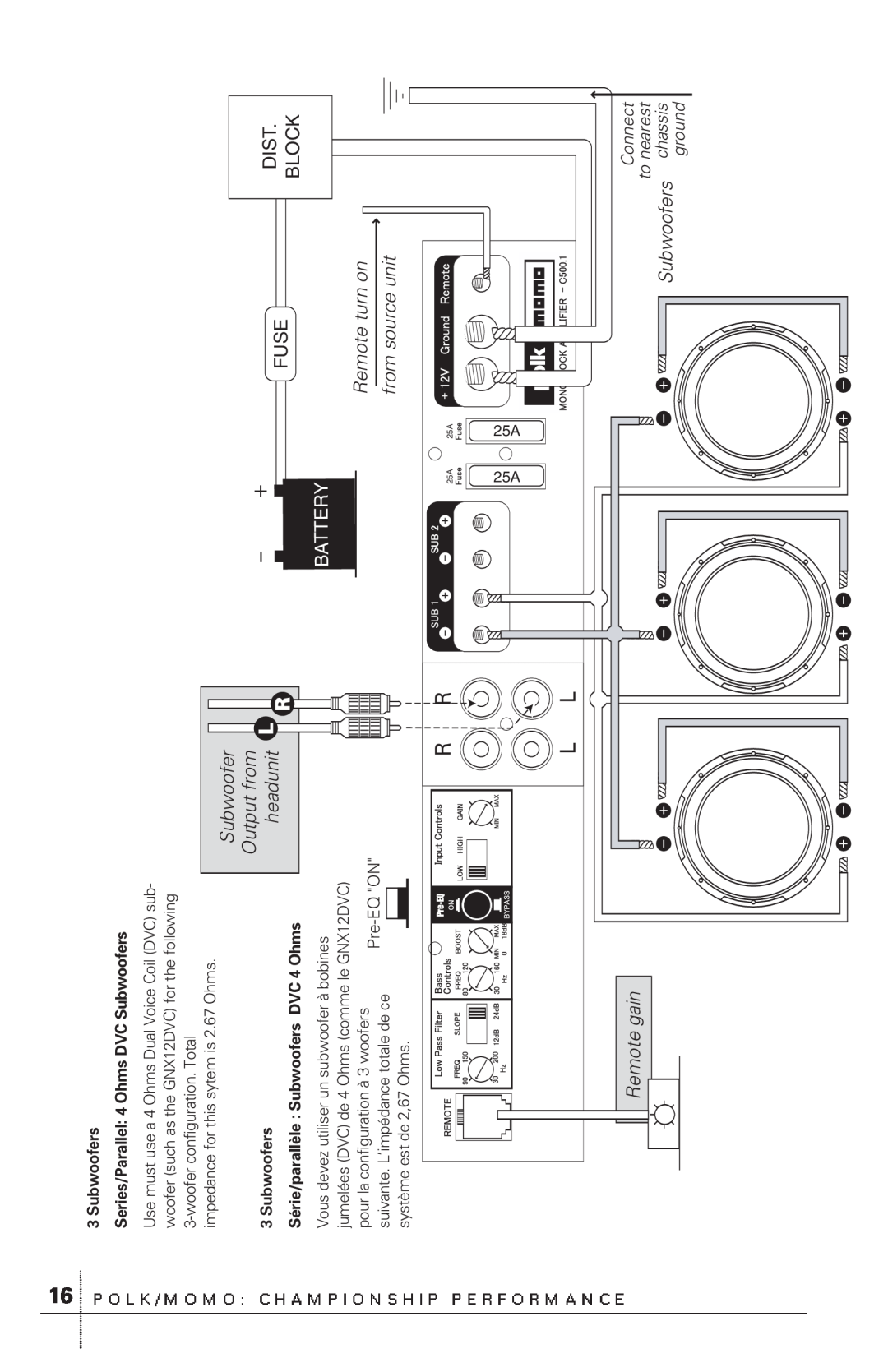 Polk Audio C500.1 Connect, chassis, ground, Series/Parallel 4 Ohms DVC Subwoofers, to nearest, Fuse, Battery 