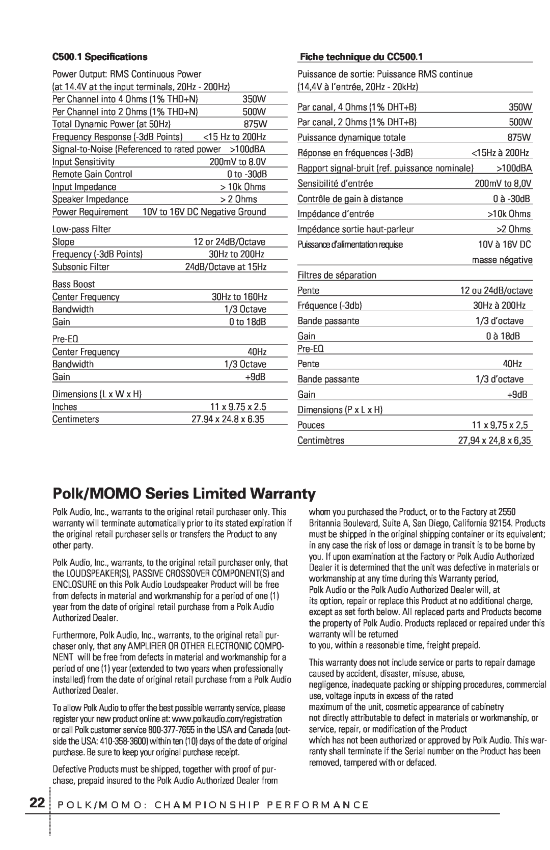 Polk Audio owner manual Polk/MOMO Series Limited Warranty, C500.1 Specifications, Fiche technique du CC500.1 