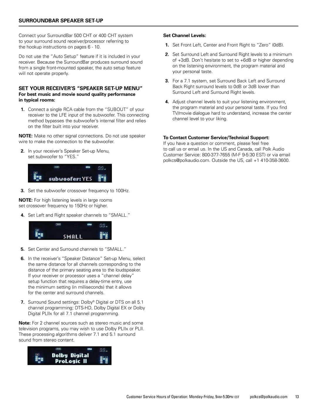 Polk Audio CHT400 manual Surroundbar Speaker SET-UP, SET Your RECEIVER’S Speaker SET-UP Menu, Set Channel Levels 