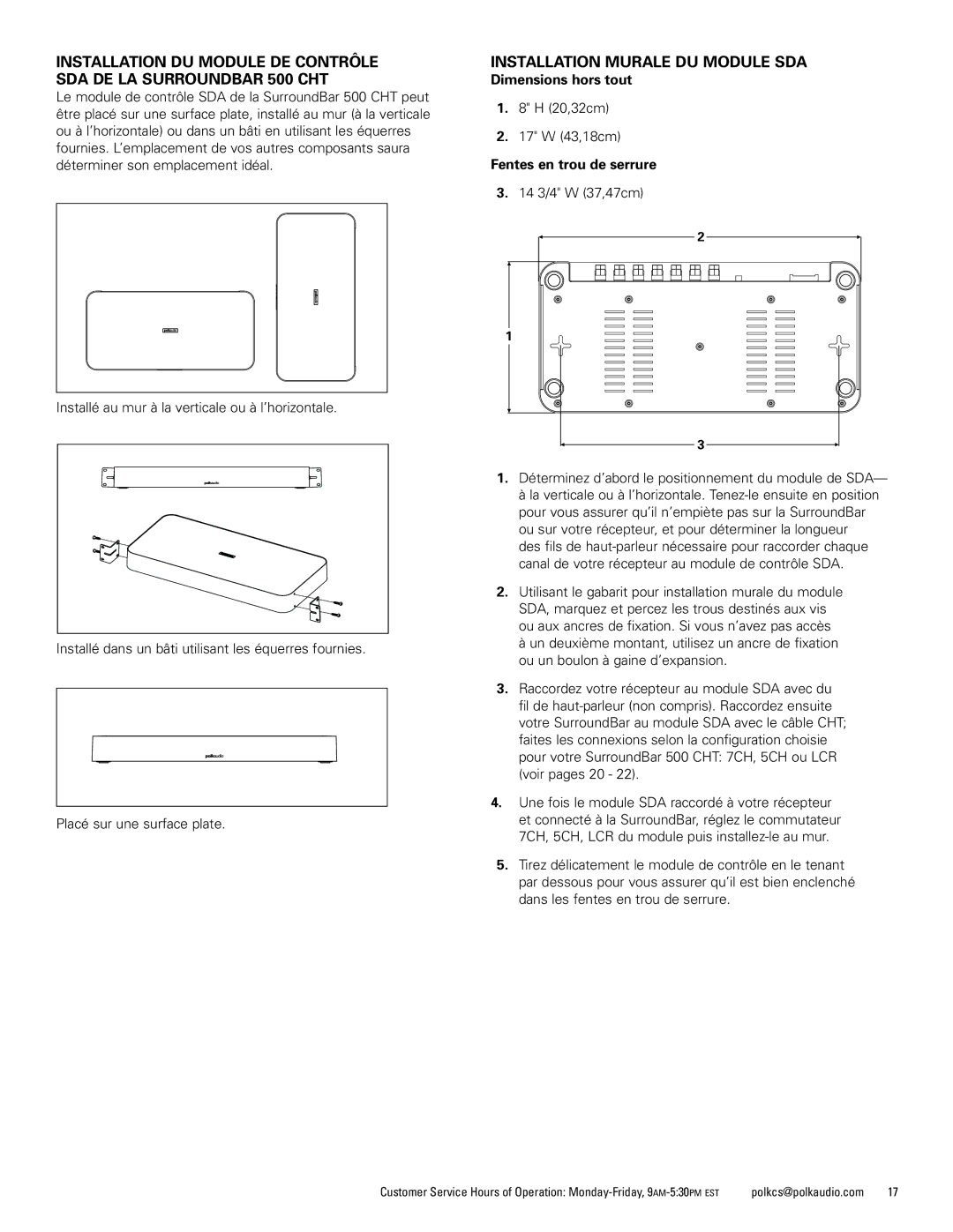 Polk Audio CHT400 manual Installation Murale DU Module SDA, Dimensions hors tout, Fentes en trou de serrure 