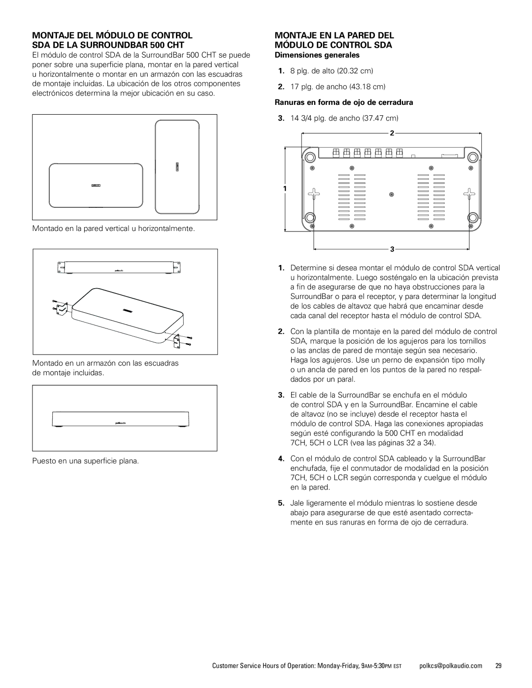 Polk Audio CHT400 manual Montaje DEL Módulo DE Control SDA DE LA Surroundbar 500 CHT, Dimensiones generales 