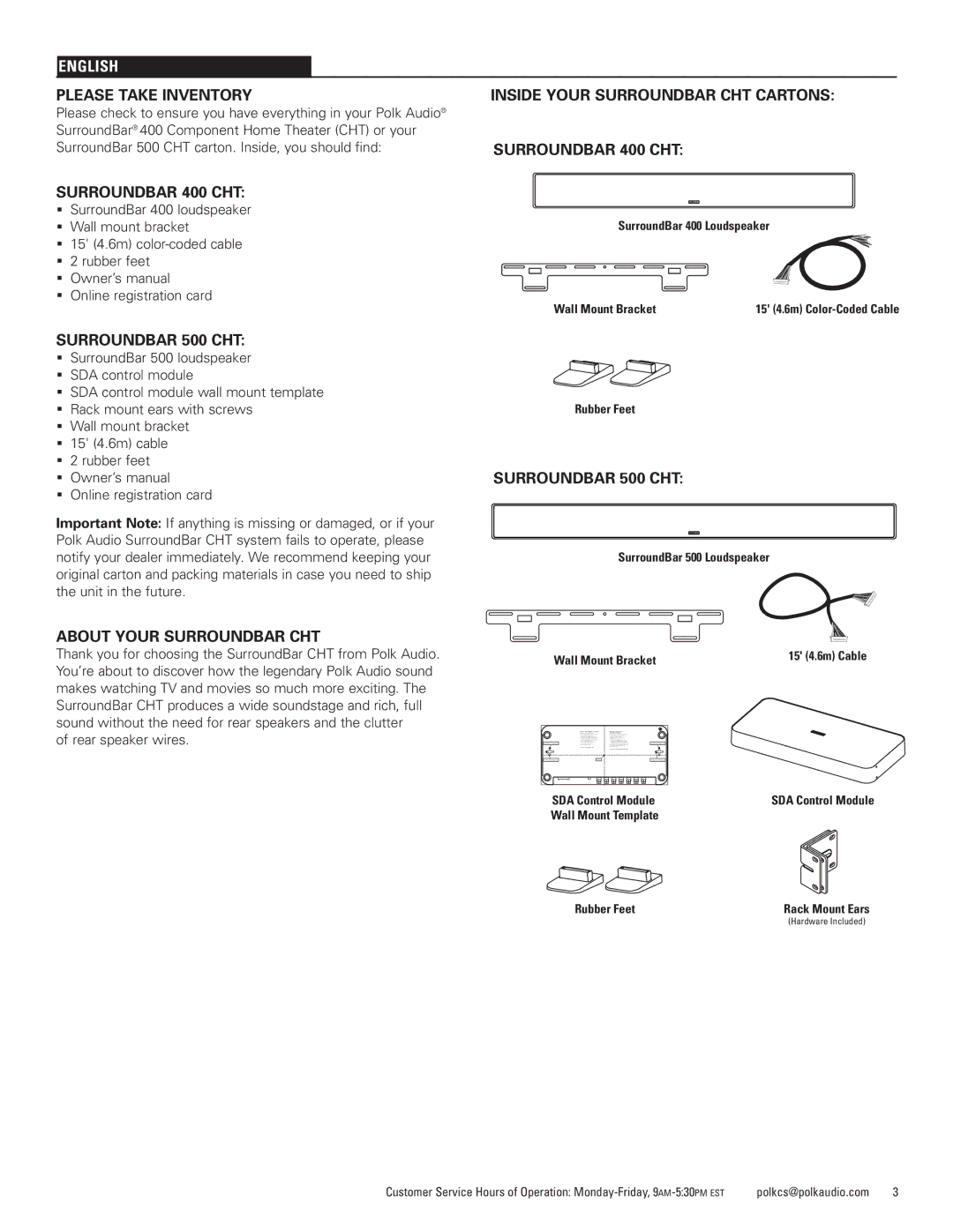 Polk Audio CHT400 manual Please Take Inventory, Surroundbar 400 CHT, Surroundbar 500 CHT, About Your Surroundbar CHT 