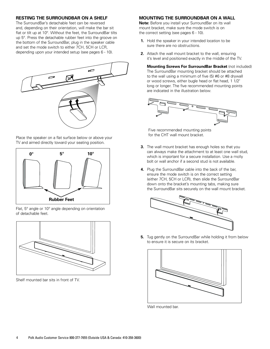 Polk Audio CHT400 manual Resting the Surroundbar on a Shelf, Mounting the Surroundbar on a Wall, Rubber Feet 