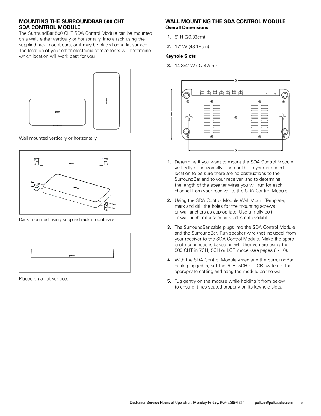 Polk Audio CHT400 Mounting the Surroundbar 500 CHT SDA Control Module, Wall Mounting the SDA Control Module, Keyhole Slots 