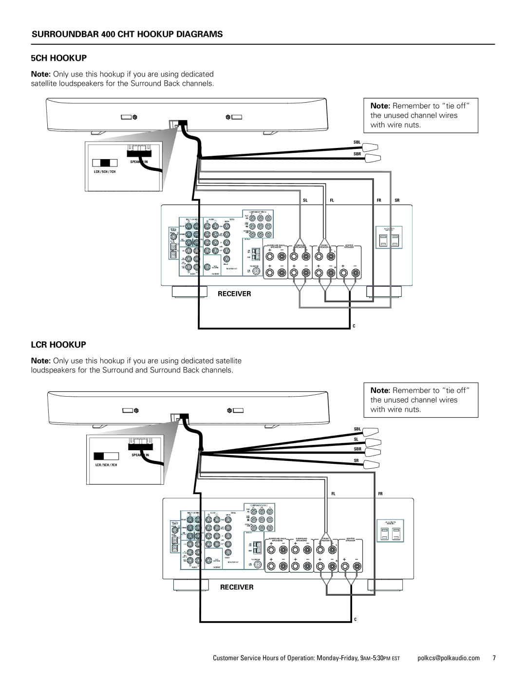 Polk Audio CHT400 manual Surroundbar 400 CHT Hookup Diagrams 5CH Hookup, LCR Hookup 