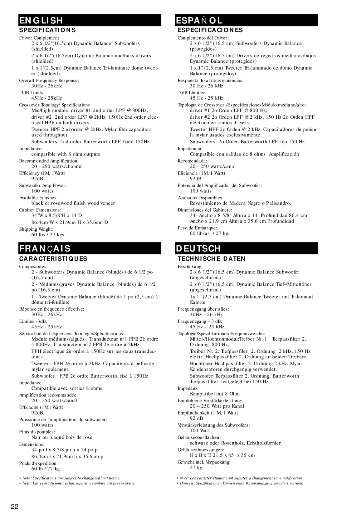 Polk Audio CS1000P instruction manual Specifications 