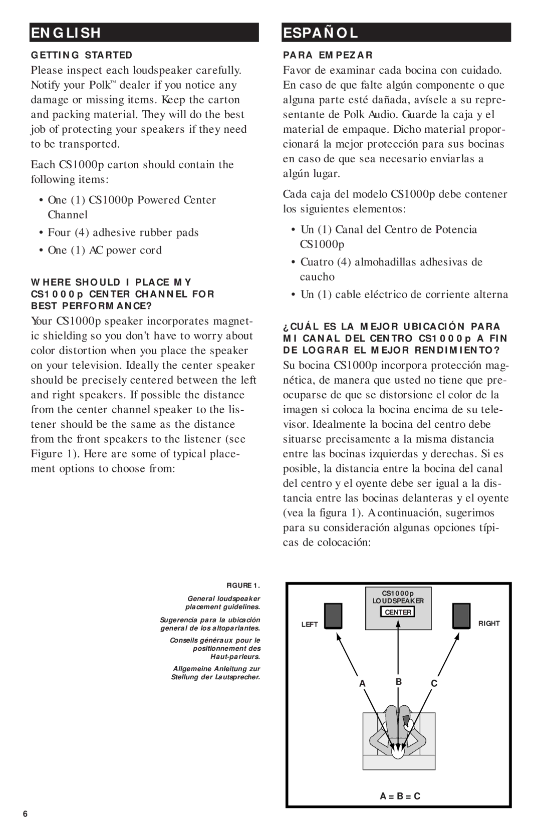 Polk Audio CS1000P instruction manual = B = C 