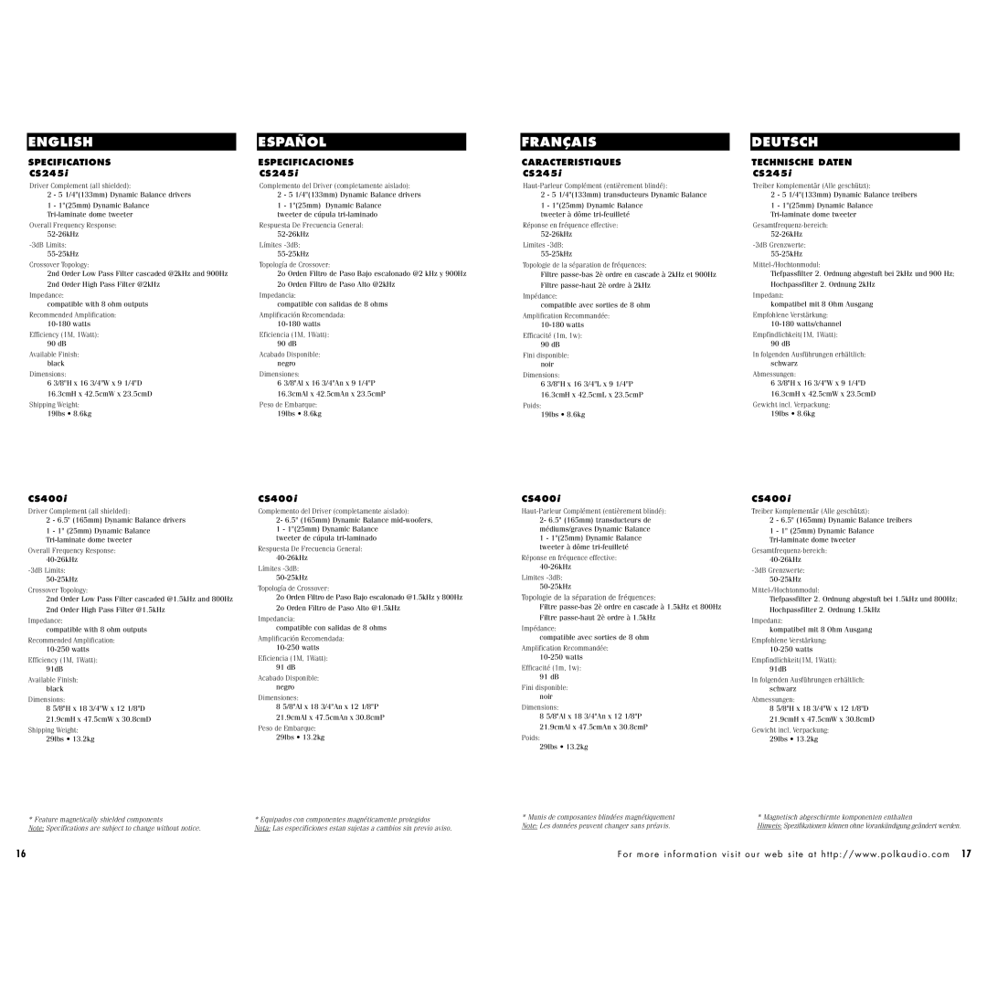 Polk Audio CS400i, 245i, 175i instruction manual English Español, Specifications Especificaciones 