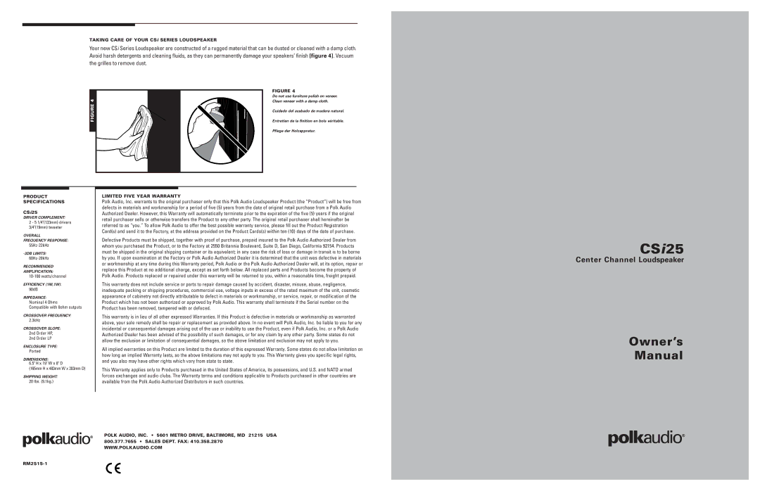 Polk Audio CSi-25 owner manual CSi25, Owner’s Manual, Product Specifications, Limited Five Year Warranty 