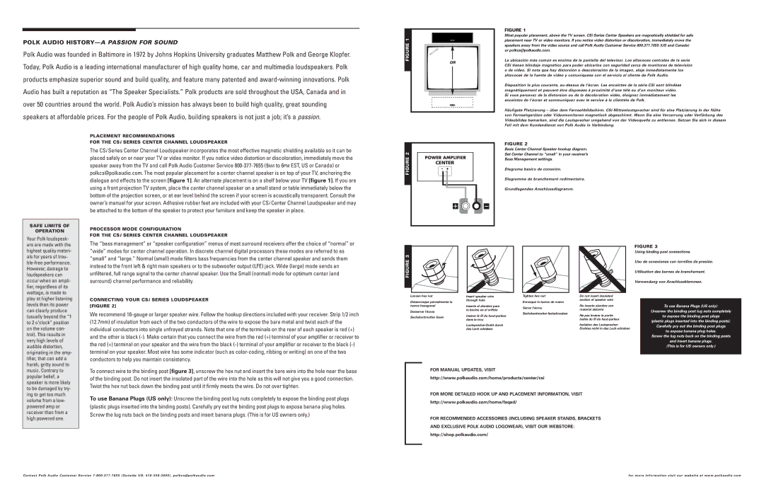 Polk Audio CSi-25 owner manual 1FIGURE or, Safe Limits Operation, Placement Recommendations, Processor Mode Configuration 